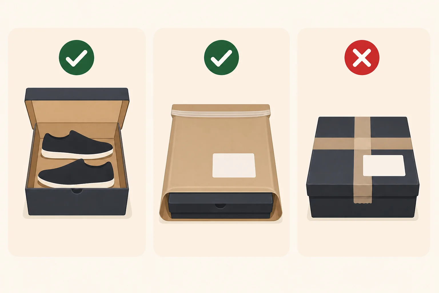 Correct return packaging: shoes in their original box, the box inside a close-fitting mailer, and no tape or label directly on the shoe box