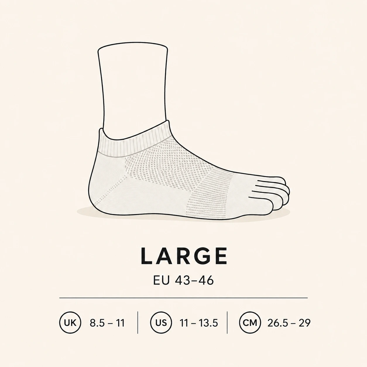 Large sock size: EU 43–46, UK 8.5–11, US 11–13.5, 26.5–29 cm