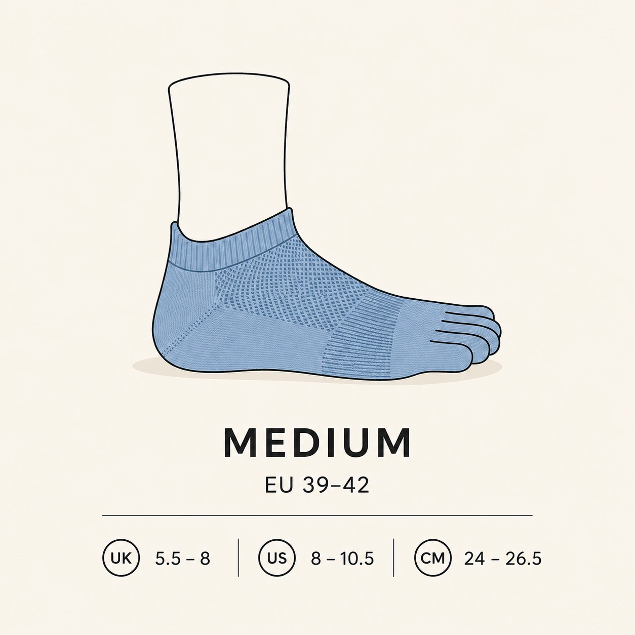 Medium sock size: EU 39–42, UK 5.5–8, US 8–10.5, 24–26.5 cm
